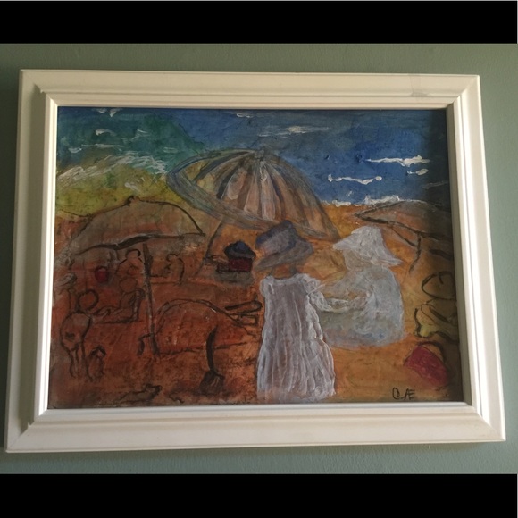 Impressionist Beachside Painting 19x15 wood frame